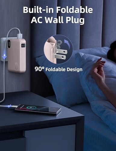 Image of RORRY Portable Charger w /Wall Plug 10000mAh Power Bank 22.5W Battery Pack | Built in Cables, Fast Charging, for iPhone, iPad, Samsung Galaxy, Pixel, LG, Travel Essential, Digital Display, Pocket Size