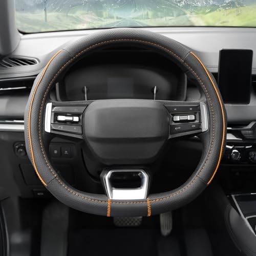 Image of Amazon Basics Leather Steering Wheel Cover (Medium - 38 cm) | Breathable, Non-Slip Polyvinyl Grip with Sporty Black Stitching & Easy Installation (Black and Orange)