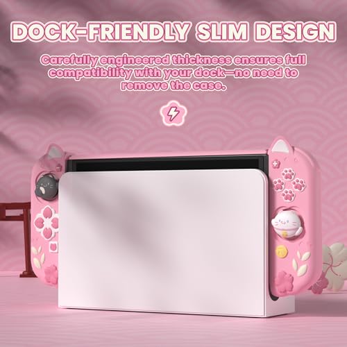 Image of playvital Protective Case for Nintendo Switch OLED with Extra Stand - Cherry Blossoms Kitten Dockable Hard Shell Cover + Silicone Grips for Switch OLED with Thumb Grips, Shockproof - Pink
