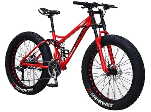 Kcolic Bicicleta Montaña 26 Pulgadas Y 21 Velocidades, Neumáticos Anchos, Cuadro Acero Alto Carbono, Suspensión Total, Freno Disco Doble, Ruedas 4 Pulgadas Grosor para Senderos Y Playa B,26in21