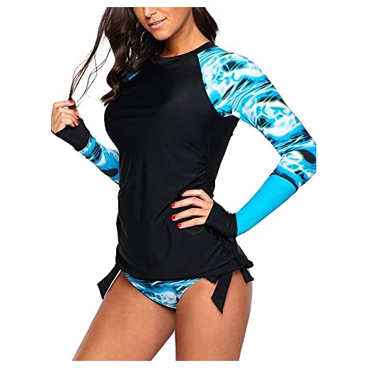 Damen 2-teiliger Badeanzug mit langen Ärmeln, Rashguard, Surfen, Neoprenanzug, UV-Badeshirts, Tankini-Set, Rashguard, Oberteil und Slip Gr. 48, marineblau