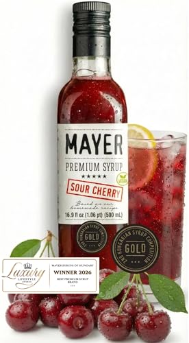 Image of Mayer Sour Cherry Syrup for Drinks and Cocktails, Made with Real Fruit | Tart Cherry Cordial; No Added Colors or Preservatives; Syrup for Soda, Mocktails and Lemonade