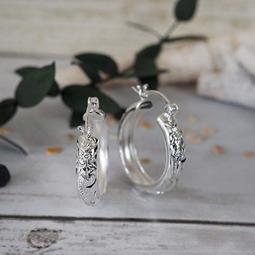 Sterling Silver 7/8 Inch Engraved Hoop Earrings 5