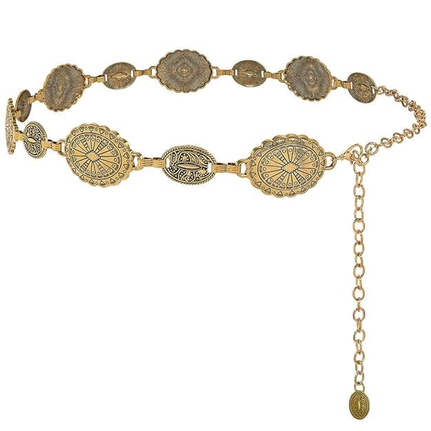 Waist Belt for Women Metal Concho Hip Belt – Adjustable Boho Western Chain Belt for Saree, Dresses, Jeans & Skirts | Fashion Statement Saree Waist Belt