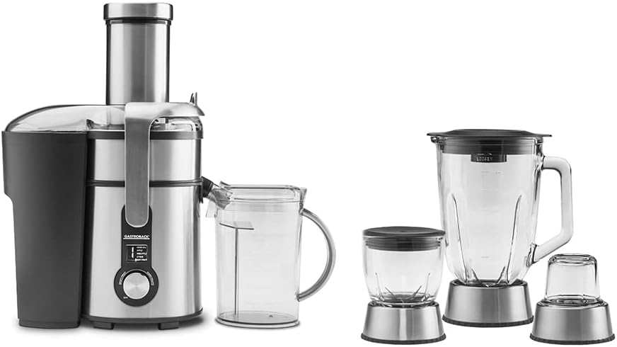 Gastroback 40152 Design Multi Juicer Digital Plus, 1300W, 5 speed settings, 2L pulp container, incl. coffee grinder, chopper and blender attachments