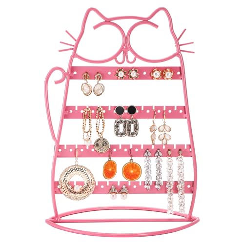 Okllen Earring Holder Organizer, Cat Shaped Earring Tree Shelf, Jewelry Organizer Stand Metal 46 Stud Earring Holes for Vanity, Dresser, Pink