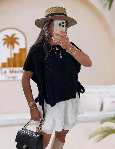 Knitted Tops Short Sleeve Sweater for Women Lace Up Crew Neck Crochet Tops Hollow Out Pullover Shirts(Black-S)4