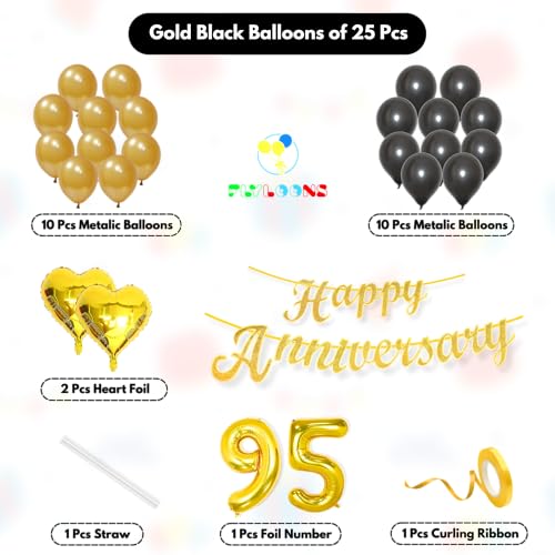 Image of Flyloons 95th Happy Anniversary Decoration Items Gold Black for Men Women Husband Wife Mom Dad Couple Home Bedroom Car With 20 Pcs Metallic Balloons Anniversary Banner 2 Pcs Heart Set Kit Golden