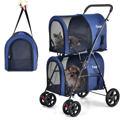 FANTASK Passeggino per cani a 2 piani con finestre a rete e portabevande per animali domestici fino a 16 kg, passeggino per gatti per 2 cani di piccola taglia, per cani e gatti, in blu