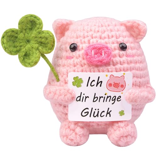 Mwmoeen Pocket Hug Gestricktes Minischwein Kreative Strickwolle Glücksschwein mit Vierblättriges Kleeblatt Glück Geschenk für Freundin Frau Mama