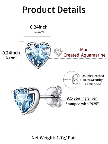 Heart Earrings Hypoallergenic 925 Sterling Silver Ocean Blue Crystal Aquamarine Topaz March Birthstone Gem Stone Stud Earrings For Women Sensitive Ears #TOP4