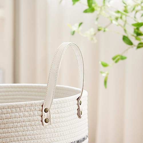 Image of VIPOSCO 72L Tall Woven Rope Laundry Hamper, Leather Handles, Stripe White | Large Wicker Laundry Basket for Dirty Clothes, Blanket, Toy, Towel, Yoga Mat, Storage Bin in Bedroom, Bathroom, Living Room