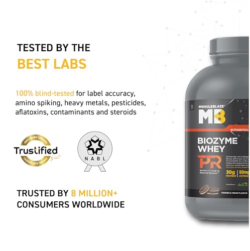 MuscleBlaze Biozyme Whey Protein PR Powder with 30g Protein, 3g Creatine Monohydrate & 50mg AstraGin (Cookies & Cream, 2kg / 4.4lbs) | Trustified Gold Certified