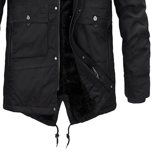 ZDJSWJ Herren-Winterjacke, mit Fellkragen, Kapuze, Warm, Wolle, dick, winddicht, Schwarz , XXL