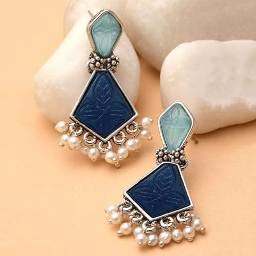 Image of Karatcart Silver Tone Diamond Shape Pink and Blue Carved Stone Studded Drop Earrings for Women