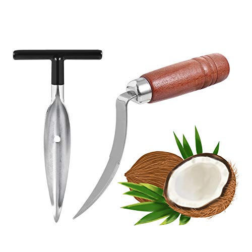 Moguer Coconut Tool Set Coconut Opener Coconut Meat Remover Stainless Steel Coconut Punch Tool with Durable Wooden Handle Scraper