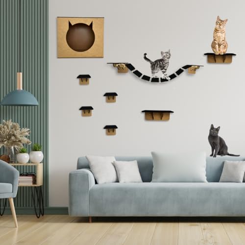 Playground Para Gatos 8 Peças Mdf 6mm Kit Nicho Gato Orelha Prateleiras Ponte e Degraus - Seguro e R