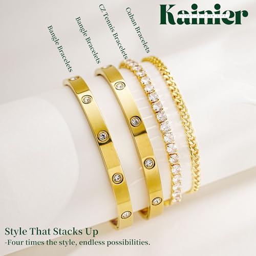 Kainier Gold Bracelets Sets for Women 4pcs Love Bangle Bracelet Cubic Zirconia Tennis Cuban Chain Stacking Gift for Love Gold/Silver4