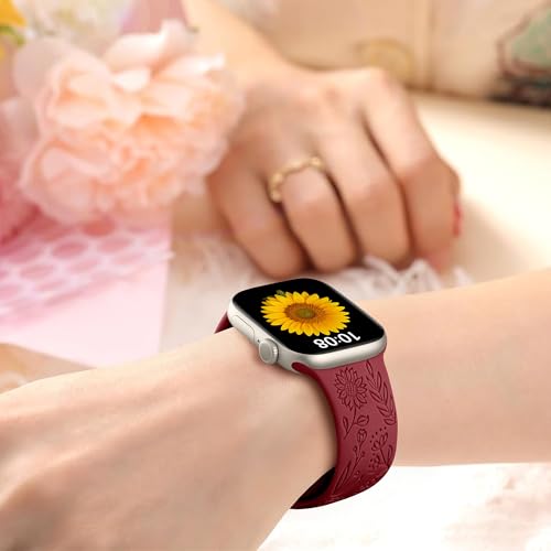 Image of SNBLK 6 Pack Floral Engraved Bands Compatible with Apple Watch Bands 40mm 41mm 42mm 38mm 44mm 45mm 46mm 49mm Women Men, Silicone Flower Pattern Strap for iWatch Series 11 10 Se Ultra 9 8 7 6 5 4 3 2 1