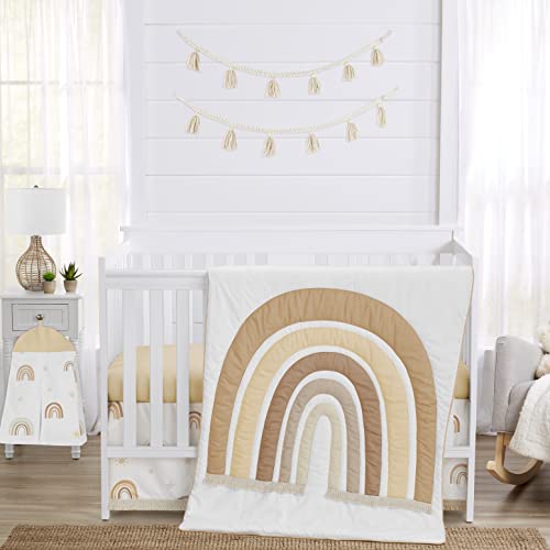 Image of Sweet Jojo Designs Neutral Boho Rainbow Baby Girl Boy Unisex Nursery Crib Bedding Set Mustard Yellow Pumpkin Orange Bohemian Sunshine Modern Macrame Tassel Fringe Vintage Beige Gold Taupe Tan - 4pc