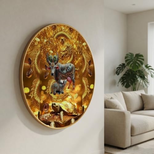 Image of SAF Kamdhenu Cow Wealth Painting with Golden Dragon Round PVC Frame Spiritual Feng Shui Wall Decor for Home Living Room Office Prosperity Luck Artwork (16 x 16 Inch) GRM-381