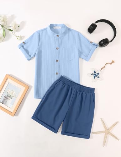 Image of Arshiner Boy's 2 Piece Beach Outfit Short Sleeve Textured Button Down Shirt and Short Sets Summer Vacation Wear 4-12 Years