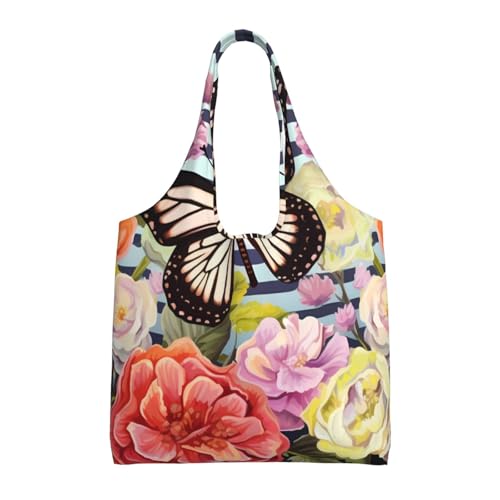 (Striped Flower Butterfly) Large Tote Shoulder Bag Fashion Canvas Handbag Reusable Shopping Bag Travel Bag For Women