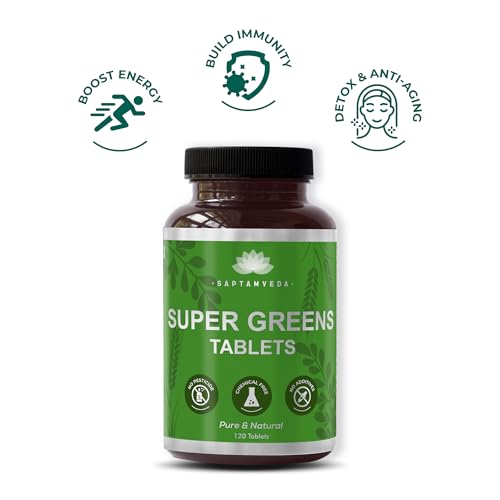 SAPTAMVEDA Premium Supergreen 120 Tablets | Natural Multivitamin |Contains Moringa, Wheatgrass, Spirulina & Barely Grass