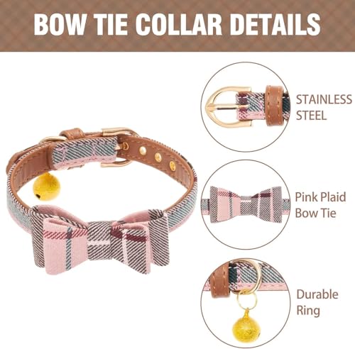 Hundehalsband und Leine mit Fliege, Set für kleine Hunde – Welpenleine Halsbänder klassisch rosa kariert – verstellbare Größe mit Goldener Glocke – perfekt für kleine Rassen und Mädchen