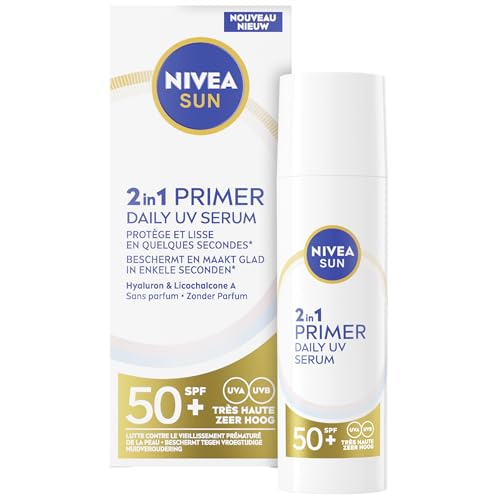NIVEA SUN UV Face 2-in-1 Primer Makeup Serum – Zonnebrand Gezicht SPF 50+ - Gezichtsserum met Hyaluronzuur - Zonder Parfum – 30ml