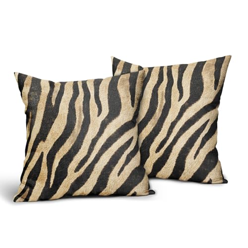 Vrysenium Brown Zebra Print Pillow Covers 18x18 Inch Set of 2 Tiger Print Cotton Linen Decorative Throw Pillow Case Animal Print Cushion Cover for Bedroom Sofa Living Room Chair Home Decor