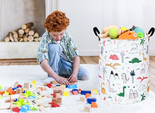 Image of Collapsible Kids Laundry Basket Clothes Hamper, Foldable Storage Organizer Bin, Toy Clothes Storage with Handles for Boys Girls Bedroom, Room Decor Dinosaur