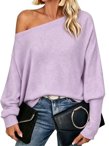 Image of Dressmine Womens Spring Thin Fluffy Off Shoulder Sweatshirts Long Sleeve Tops Knit Batwing Pullover Sweater Clothes