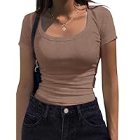 Zeagoo T-Shirt Damen Kurzarm Basic Tshirt Elegant U Ausschnitt Crop Top Oberteile Slim Fit Tops Casual Einfarbig Stretch Shirts Tunika Braun S