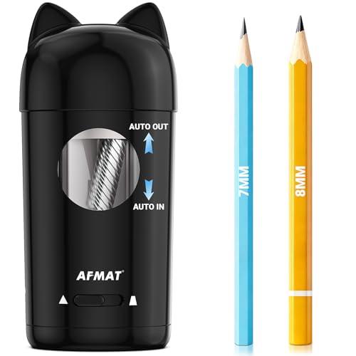 AFMAT Vollautomatischer Elektrischer Anspitzer mit Katzenohren, Elektrisch Bleistiftspitzer mit Behälter für 7-8mm Stifte (Dicke & Dünne) – USB Spitzer Kinder, Geschenk für Schule/Büro, Schwarz