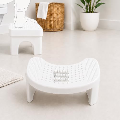 Image of JD Fresh Toilet Step Stool with Massage Rollers for Bathroom, Foldable Design, U-Shape & Dotted Starck, Plastic Potty Stool, Non-Slip Pads, Toilet Foot Rest for Better Posture & Comfort-White