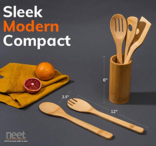 Neet Wooden Spoons For Cooking 6 Piece Organic Bamboo Utensil Set With Holder Wood Kitchen Utensils Spatula Spoon For High Heat Stirring In Nonstick Pots & Pans Quality Gift & Everyday Use