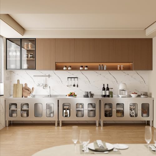 Image of 59 inch Stainless Steel Table Cabinet Heavy Duty Prep Table with 304 Stainless Steel Worktop and 4 Glass Doors Commercial Worktable Workbench with Storage Cabinet for Kitchen Garage Restaurant Outdoor