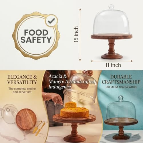 Image of Acacia Wood Cake Stand with Glass Dome | 11 x 15 Inch Brown Multipurpose Serving Platter Handcrafted for Cakes, Pastries & Cupcakes | Protective Glass Dome Keeps Food Safe from Insects & Flies | Decorative Stand & Cake Plate for Cake Cutting