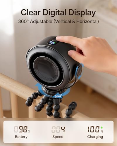 Image of SWEETFULL Portable Stroller Fan, Pinch-Proof Baby Fan - Black | Wide Turbine Airflow; Safe Design; LED Display; 5-Speed; 30dB Quiet; USB-C Rechargeable; Mini Clip On Fan for Car Seat & Bed