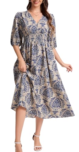 Image of Kormei Women Casual Boho V Neck 3 /4 Sleeve Smocked Waist A Line Flowy Swing Midi Dress Smocked Long Dress