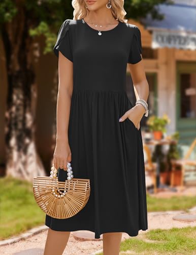 Image of HOTOUCH Women's Summer A-Line Midi Dresses 2026 Casual Floral Short Sleeve T-Shirt Dress Flowy Beach Sundress with Pockets