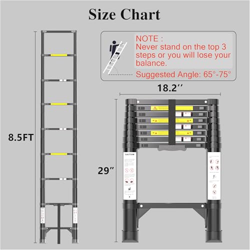 Image of Telescoping Ladder, 8.5 FT 330 Lbs Aluminum Extension Ladder, Black | Telescopic, Collapsible & Adjustable, Compact Retractable Ladder for House, Roof, RV & Travel Trailer
