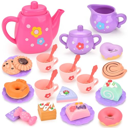 Lajeje Toddler Tea Party Set for Girls Ages 3-5, 23-Piece Pretend Play Tea Set for Kids with Teapot, Cups, Plates & Desserts, Perfect Size for Little Hands, Birthday for Girls