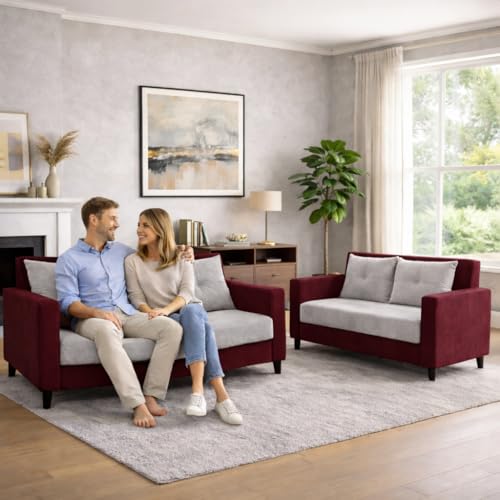 Image of Ultimate Comfort 3+2 Wooden Sofa Set | Premium Velvet Fabric | Modern 5-Seater Sofa | Durable & Stylish Living Room Furniture(Mehroon & Grey)