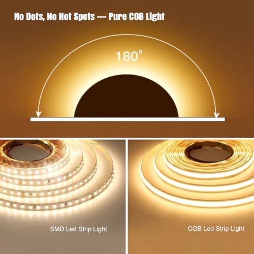 Image of 12V COB LED Strip Lights Warm White 3000K, 16.4 ft Dotless High CRI 93+Flexible & Cuttable Tape Lights for Bedroom, Under Cabinet, Living Room, RV Interior Lighting(Power Supply Not Included)
