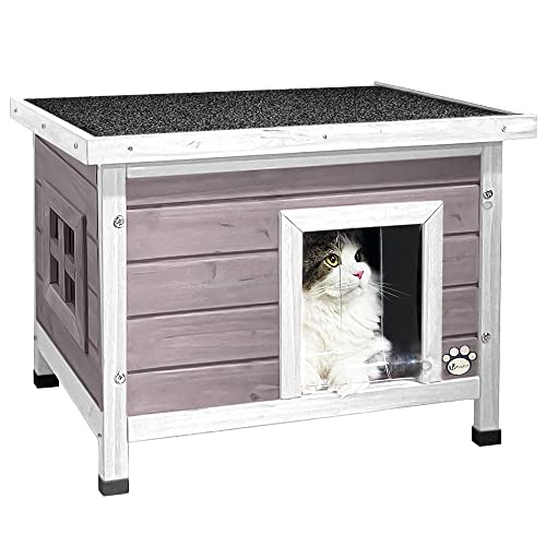 VOUNOT® Casetta per Gatti in Legno con Finestra in Plexiglas, Cuccia da Esterno Casa per Gatti con Porta e Tetto 57x45x43cm Grigio