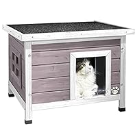 VOUNOT® Katzenhaus aus Holz, Katzen Haus mit Asphaltdach, Katzenhütte für Draussen Outdoor 57 x 45 x 43 cm, Grau
