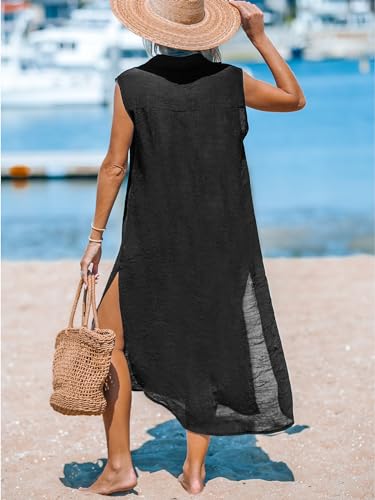 CUPSHE Women's Swimsuit Coverup Casual Sleeveless Side Split Long Cardigans V Neck Midi Beach Dress3