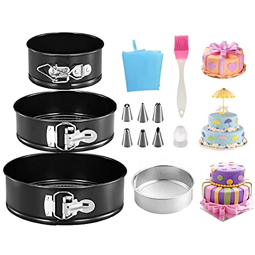 Cake Tins Set 4/7/9, 3 pcs Springform Baking Pan&1 Pcs Flour Sieve,9 Pcs Piping Bags and Nozzles Set,1 Pcs Oil Brush, Leakproof Nonstick Cheesecake Round Trays with Quick-Release Latch